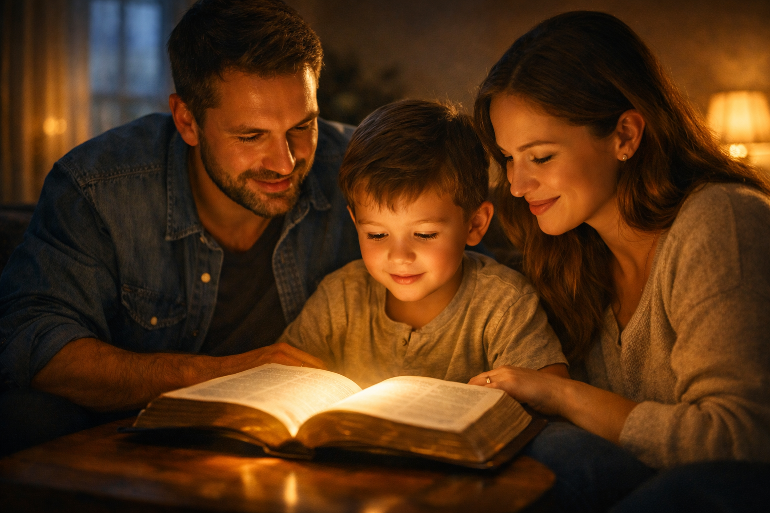 Família em momento de leitura bíblica