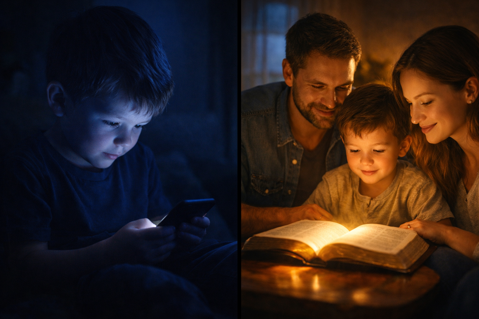 Comparação entre excesso de telas e rotina familiar com a Bíblia
